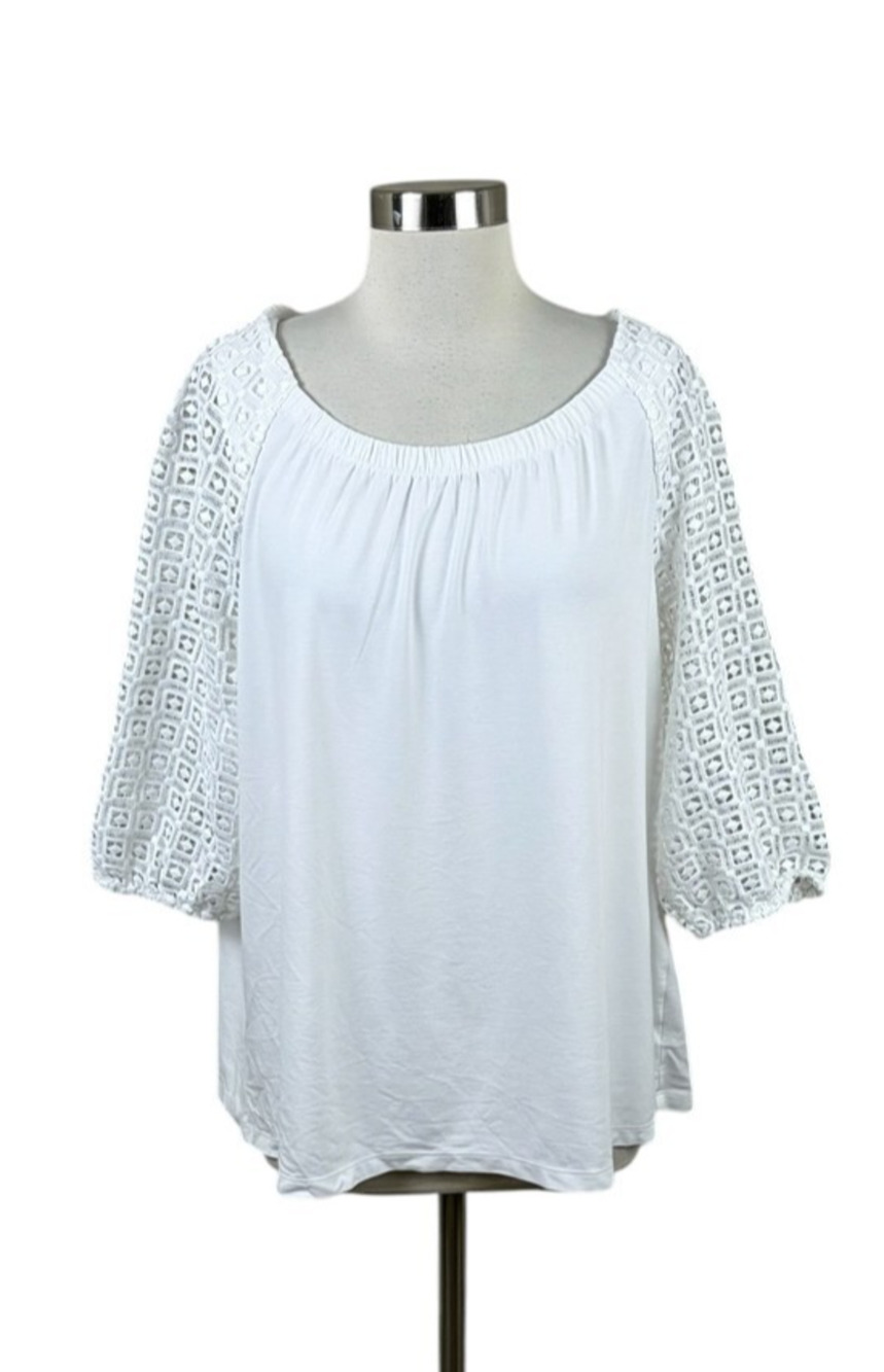 Talbots 1X White Crochet Sleeve Knit Top Coastal Beachy